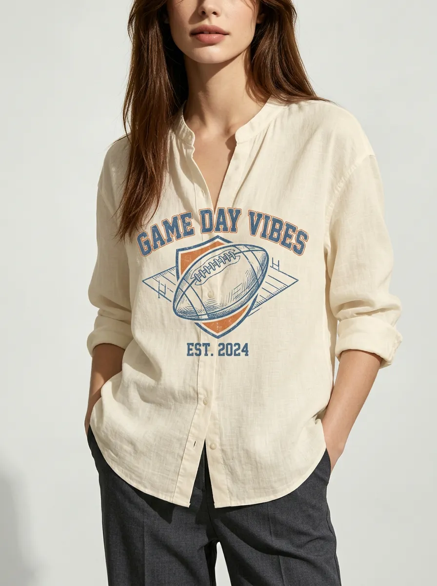 Women's American Football Game Day Vibes Printed Linen Shirt