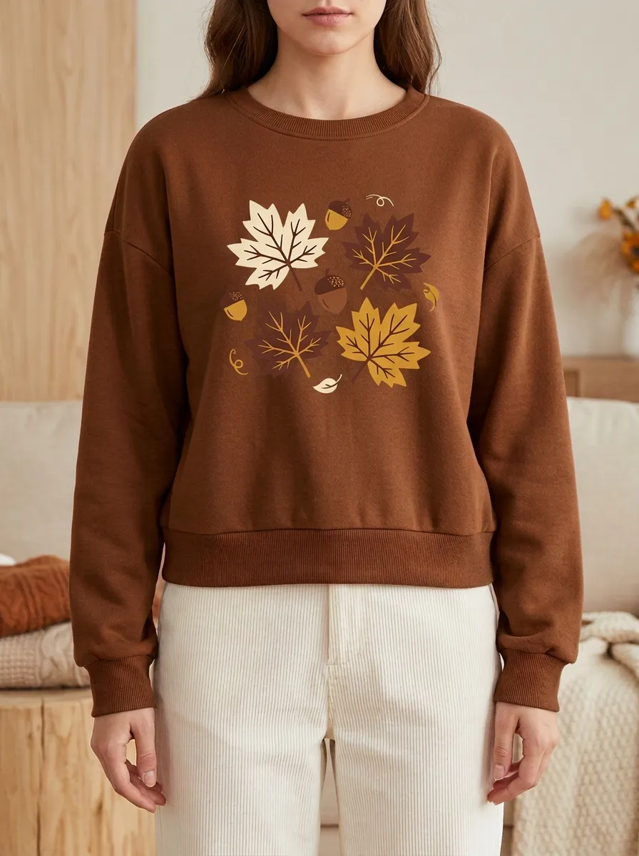 Textured Profile Maple-Leaf Printed Acorn Graphic Sweatshirt
