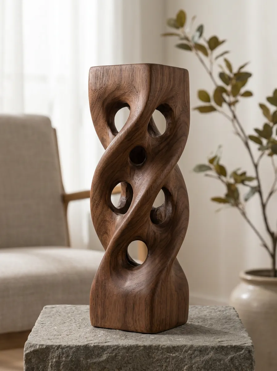Contemporary Abstract Twisted Wood Carved Sculpture