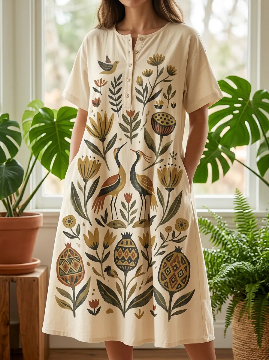 Botanical Crane Bird Floral Button-Up Top