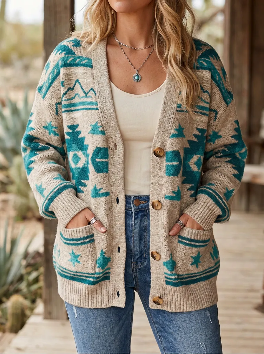 Women's Western Beige Southwest Pattern Button-Front Cardigan