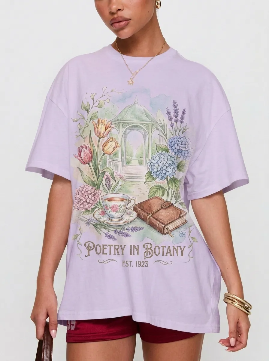 Women's Garden Poetry Botany Floral Tea Book Printed T-shirt