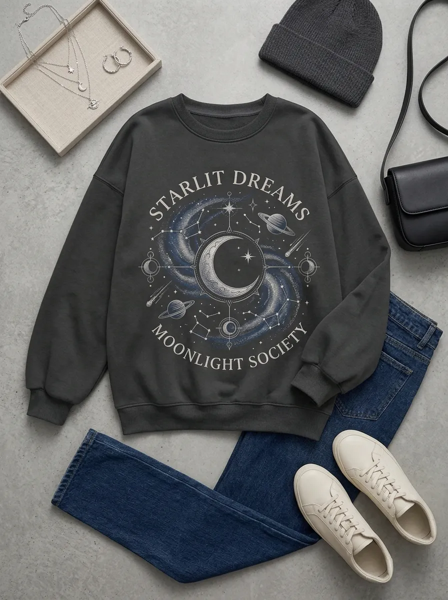 Women's Celestial Starlit Dreams Moon Constellation Printed T-shirt