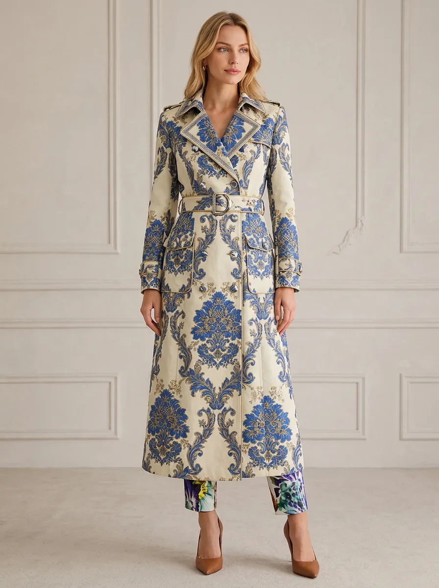 Women's Vintage Baroque Blue Floral Printed Trench Coat