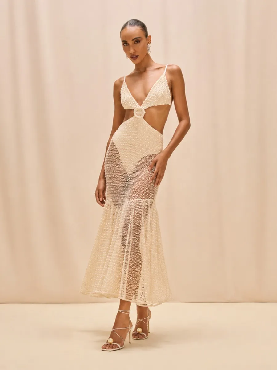 Celeste Crochet Cut Out Mermaid Maxi Dress in Ivory