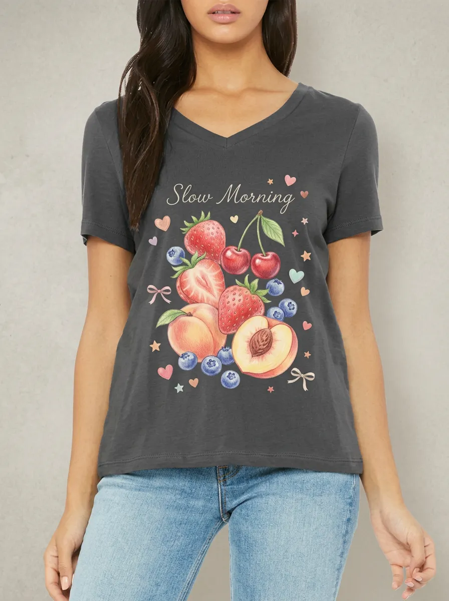 Women's Slow Morning Fruit Strawberry Peach Blueberry Printed V-neck T-shirt