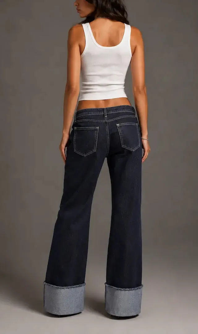 Low Rise Wide Leg Cuffed Rinse Wash Western Style Denim Jeans