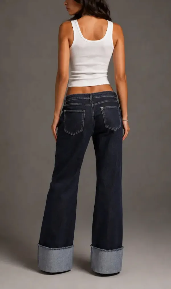 Low Rise Wide Leg Cuffed Rinse Wash Western Style Denim Jeans