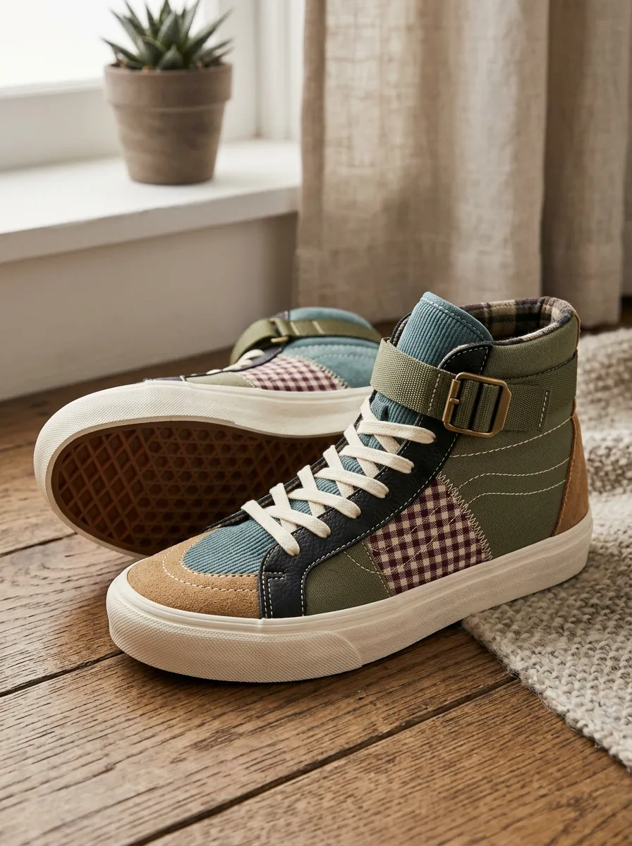 Women's Vintage Patchwork Gingham Printed High-Top Sneakers