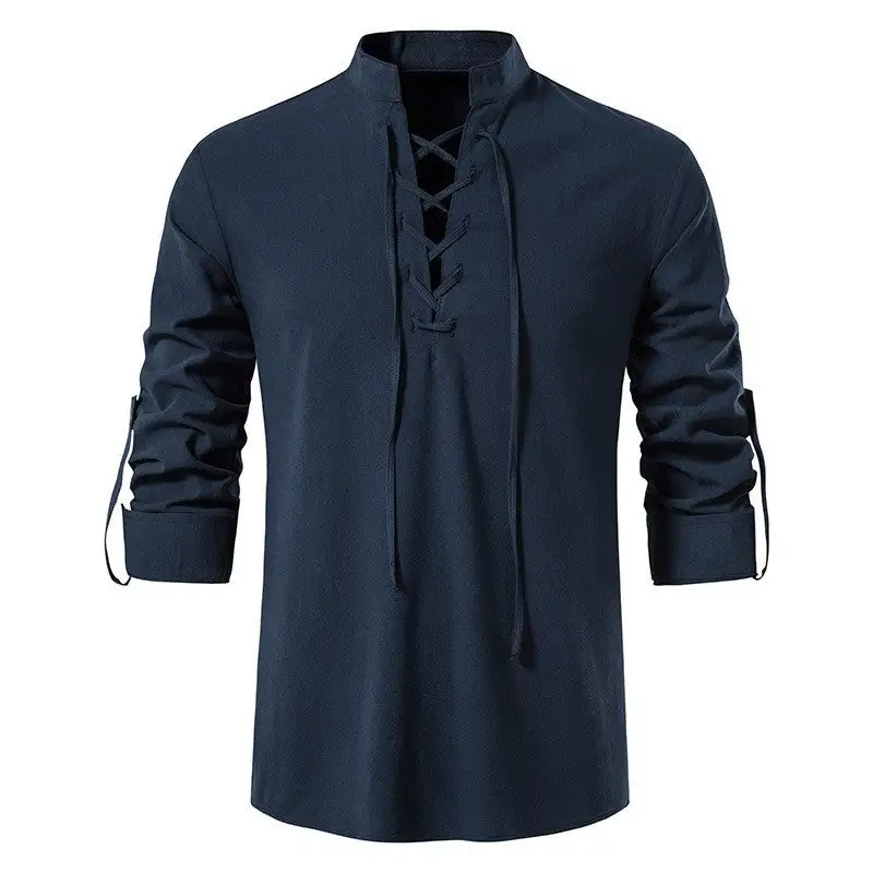 Men's Casual Lace-up Shirt With Stand-up Collar Linen-Cotton Blend And Roll-up Sleeve Tabs