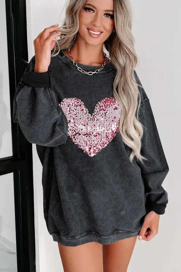 Sequin Heart Shaped Crew Neck Corded Sweatshirt
