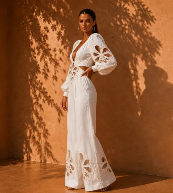 Zariah White Hollow-Out Wide-Leg Jumpsuit