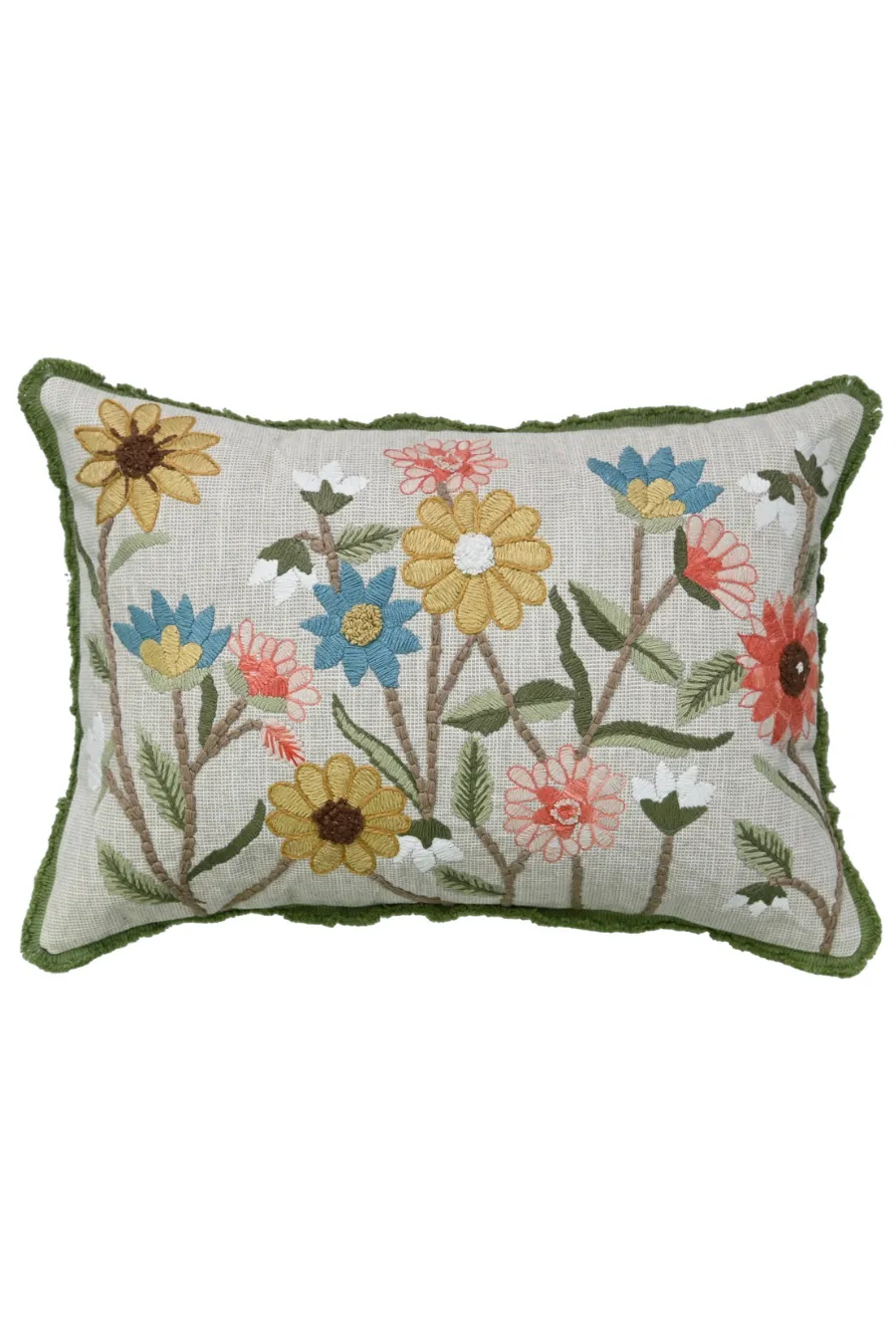 Artisan Surface Hand Embroidered Floral Botanical Cotton Lumbar Decorative Cushion Cover