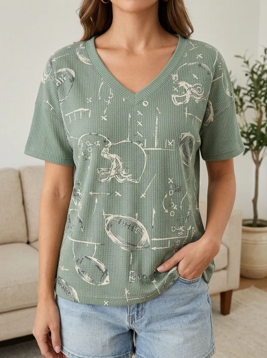Women's Stadium Football Fan Playbook Helmet Printed Waffle Top