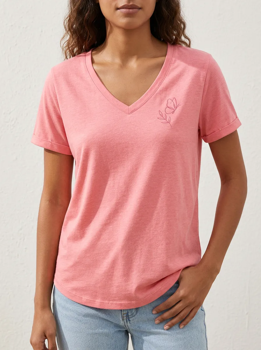 Women's Minimalist Butterfly Floral Printed V-Neck T-Shirt