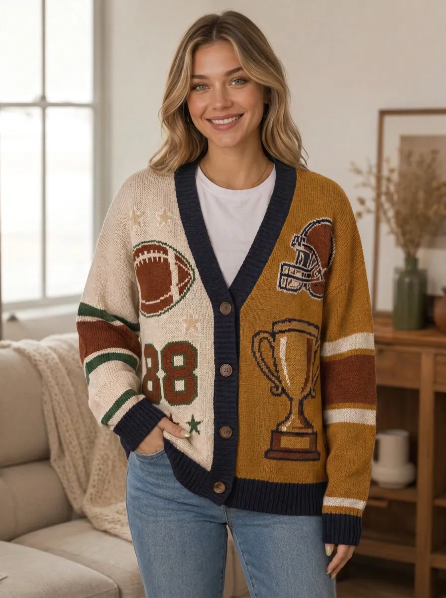 Women's Modern Gridiron Helmet Trophy Ball Knit Cardigan