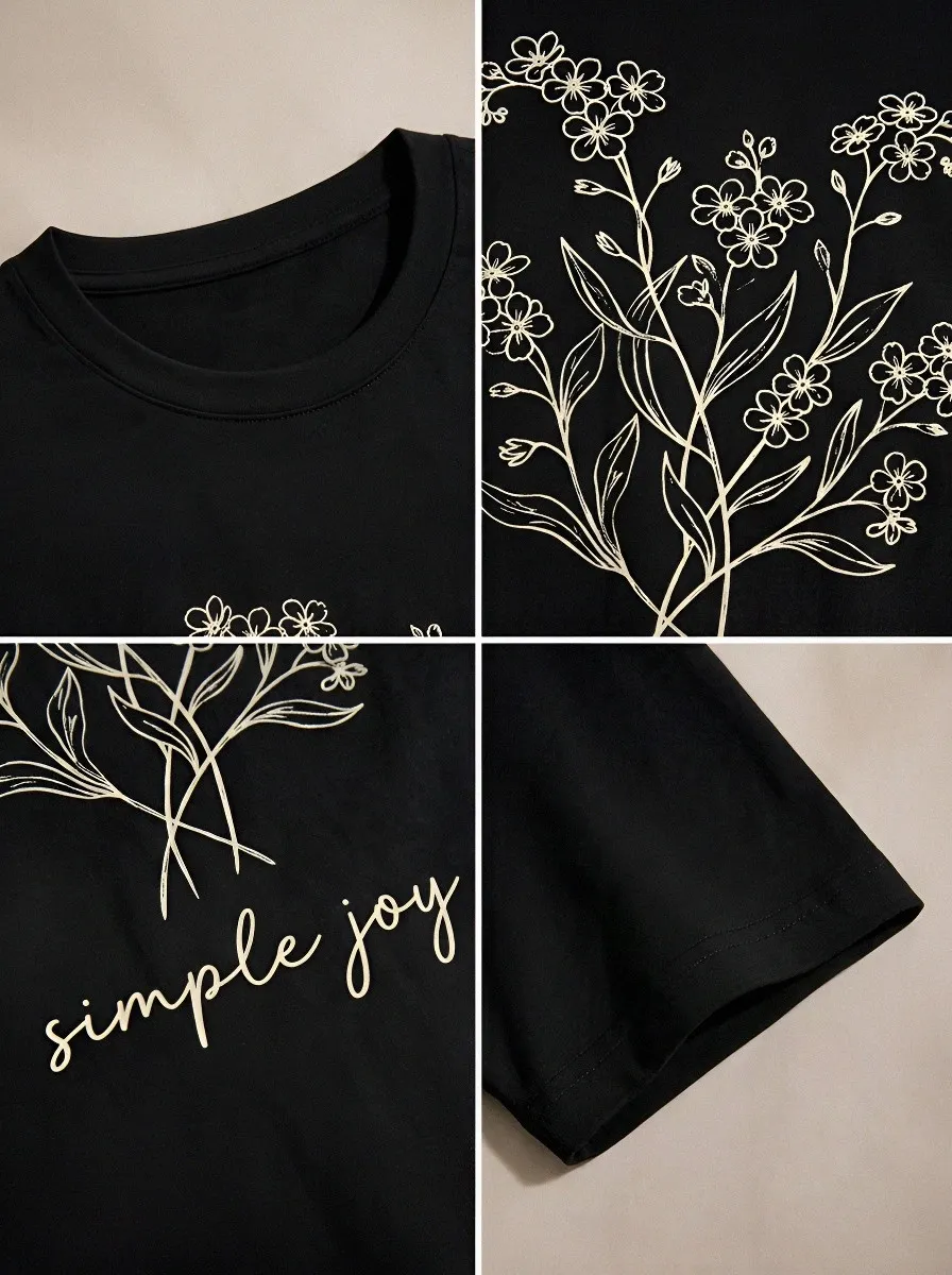 Women's Floral Lover Simple Joy Line Art Printed T-shirt