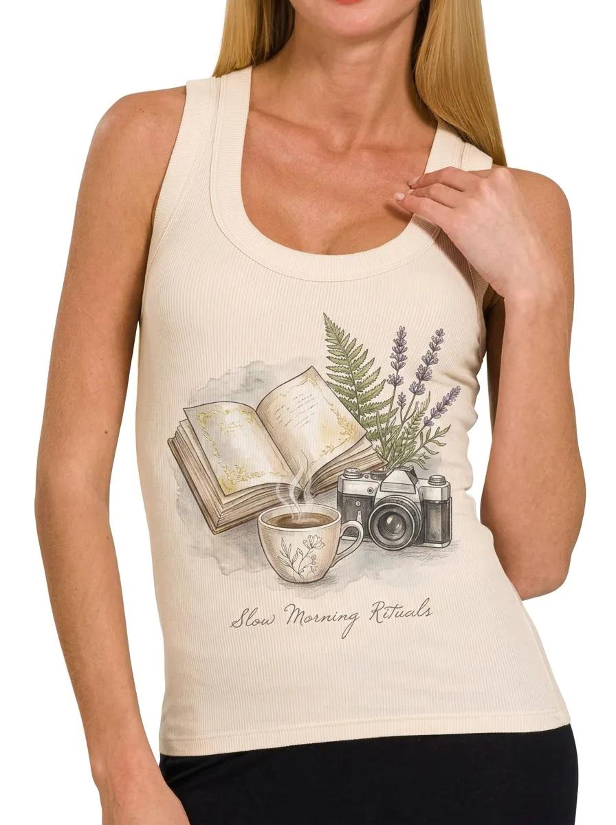 Women's Book Coffee Camera Fern Printed Ribbed Tank Top