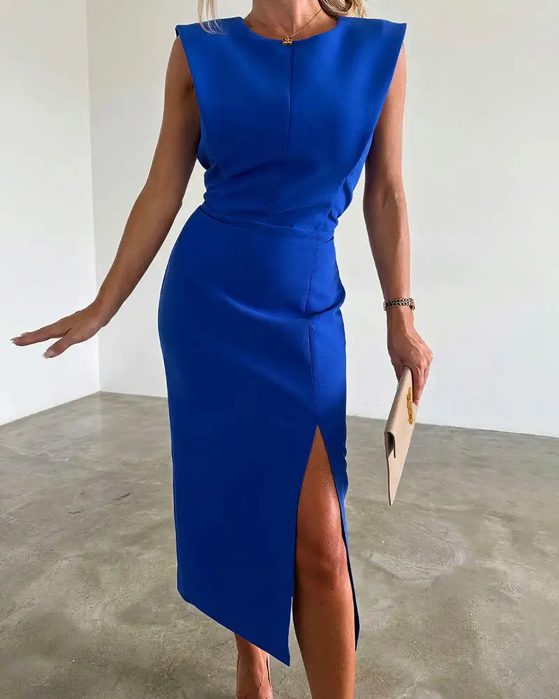 Elegant Sleeveless Slit Tailored Bodycon Fit Midi Dress