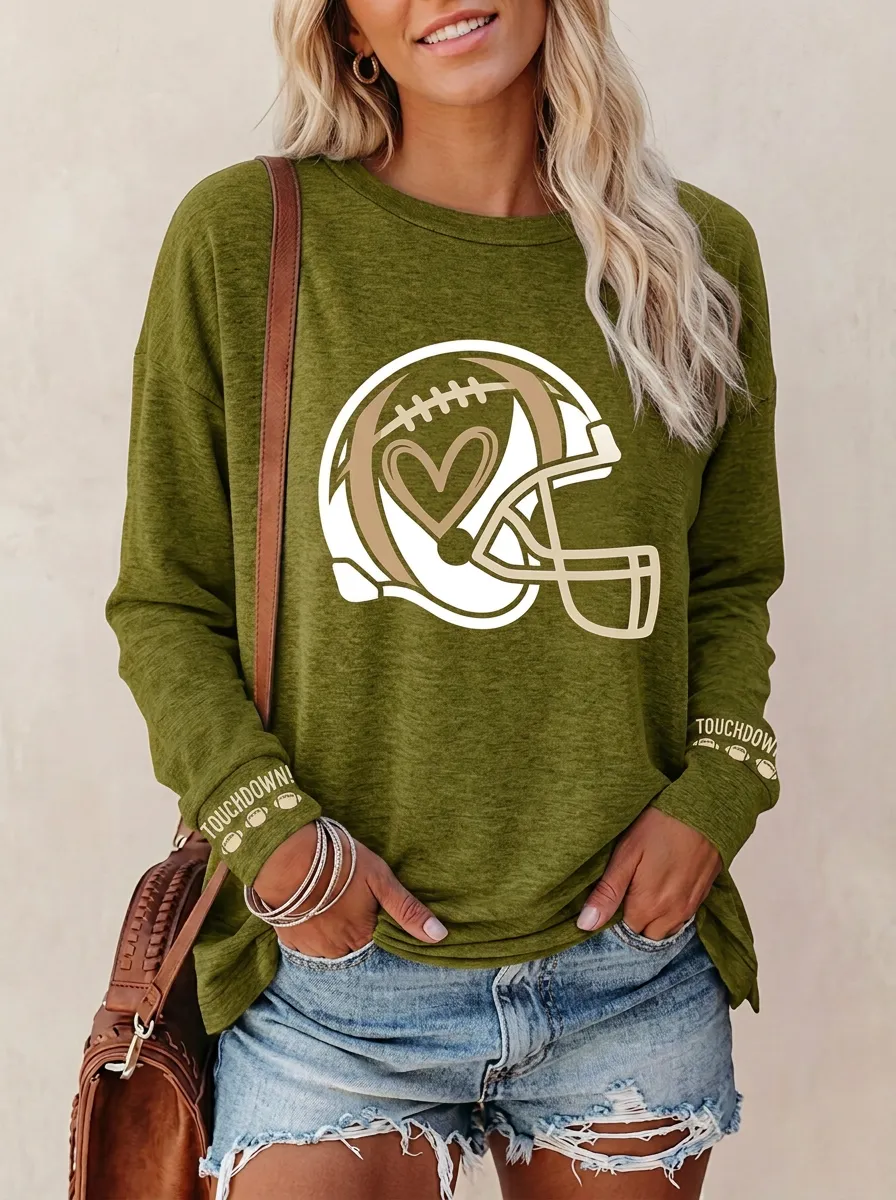 Women's Gridiron Heart Helmet Ball Crewneck Long Sleeve T-Shirt