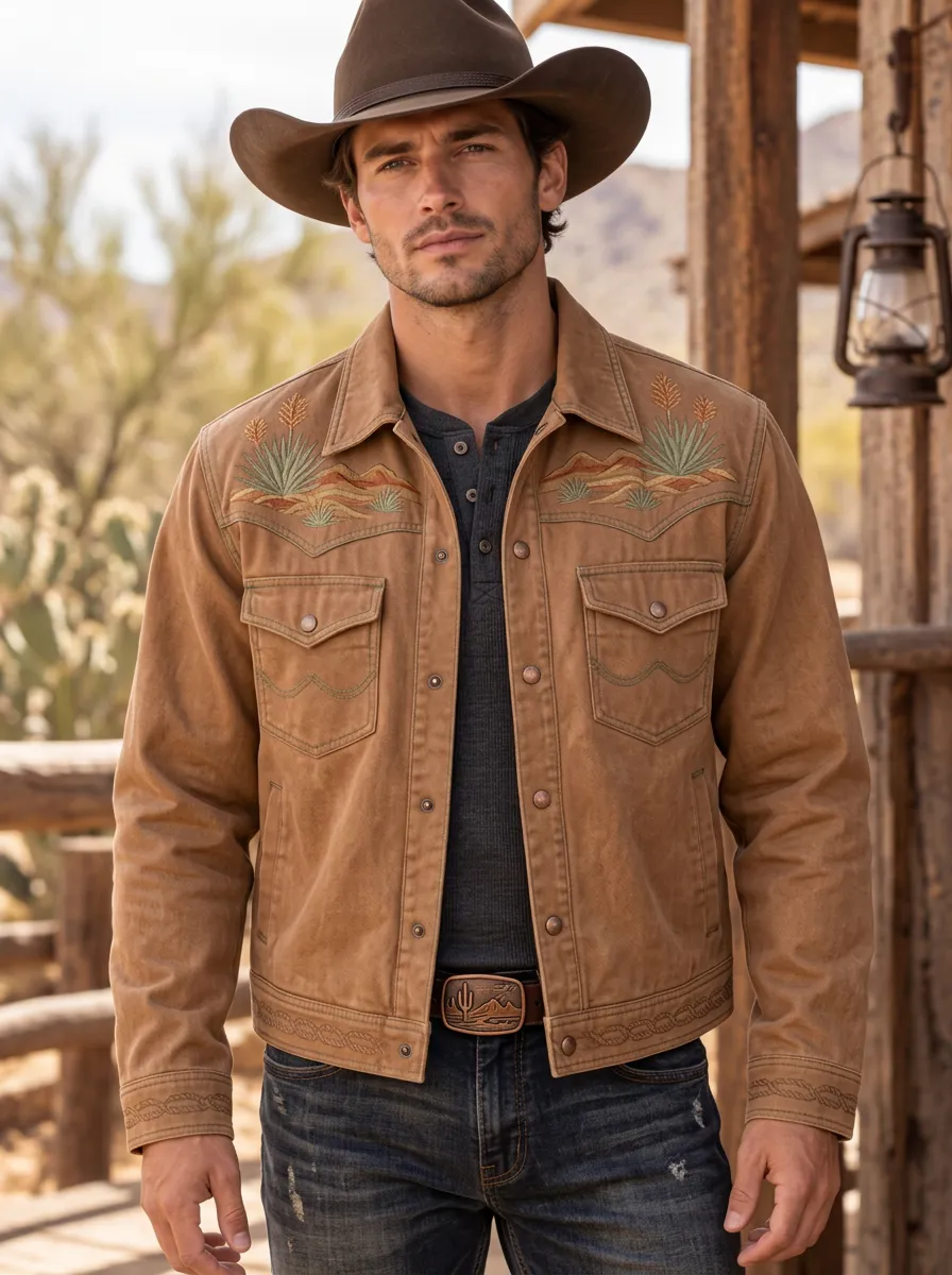 Western Trail Cactus Desert Embroidered Graphic Men's Western Jacket