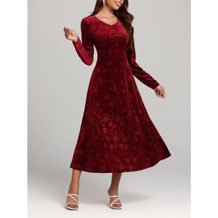 Flower V-Neck Long Sleeve Midi Dress