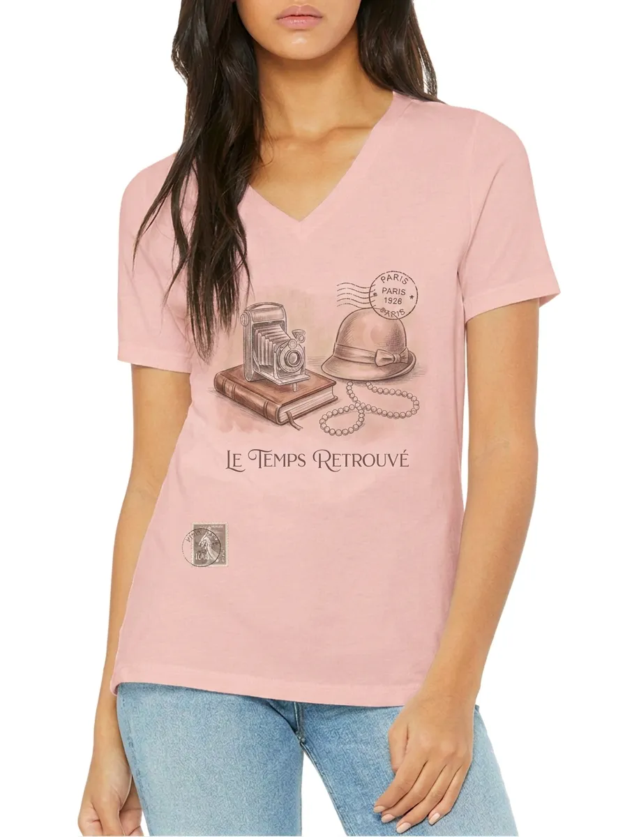 Women's Vintage Paris Camera Book Printed V-Neck T-Shirt
