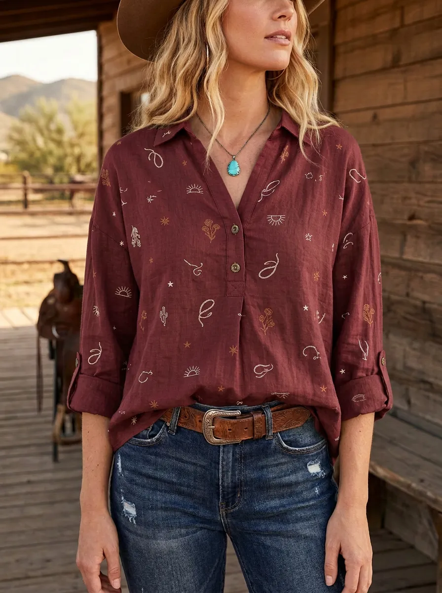 Women's Western Boho Cactus Sun Printed Cotton Linen Shirt
