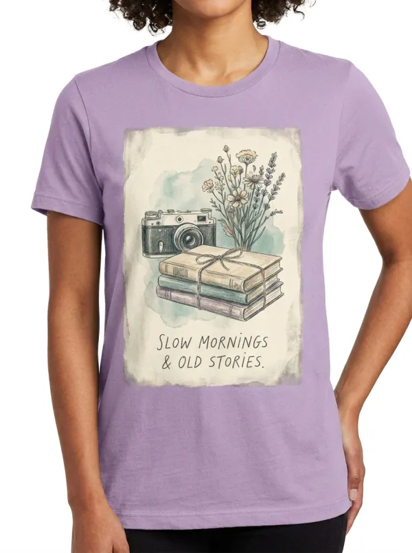 Women's Book Lover Vintage Camera Flower Printed T-shirt
