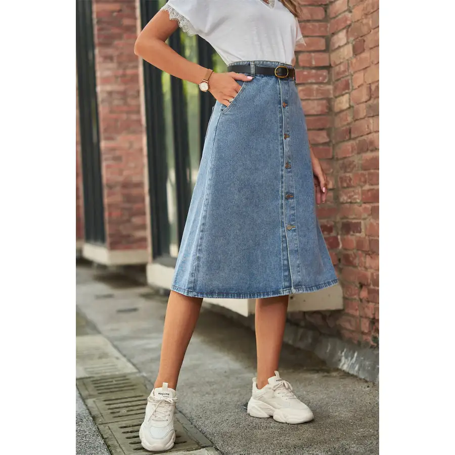 Button Front A-line Denim Skirt