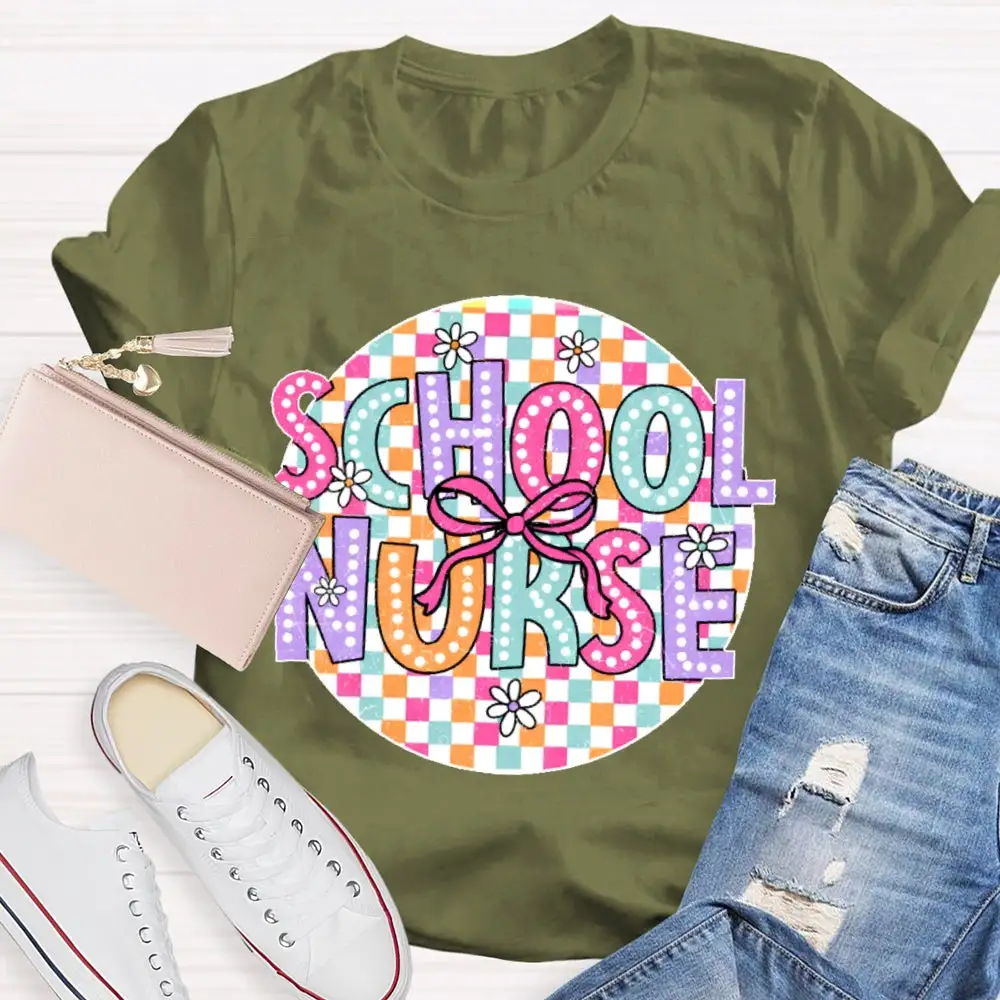 School Nurse Colorful Checkered T-Shirt