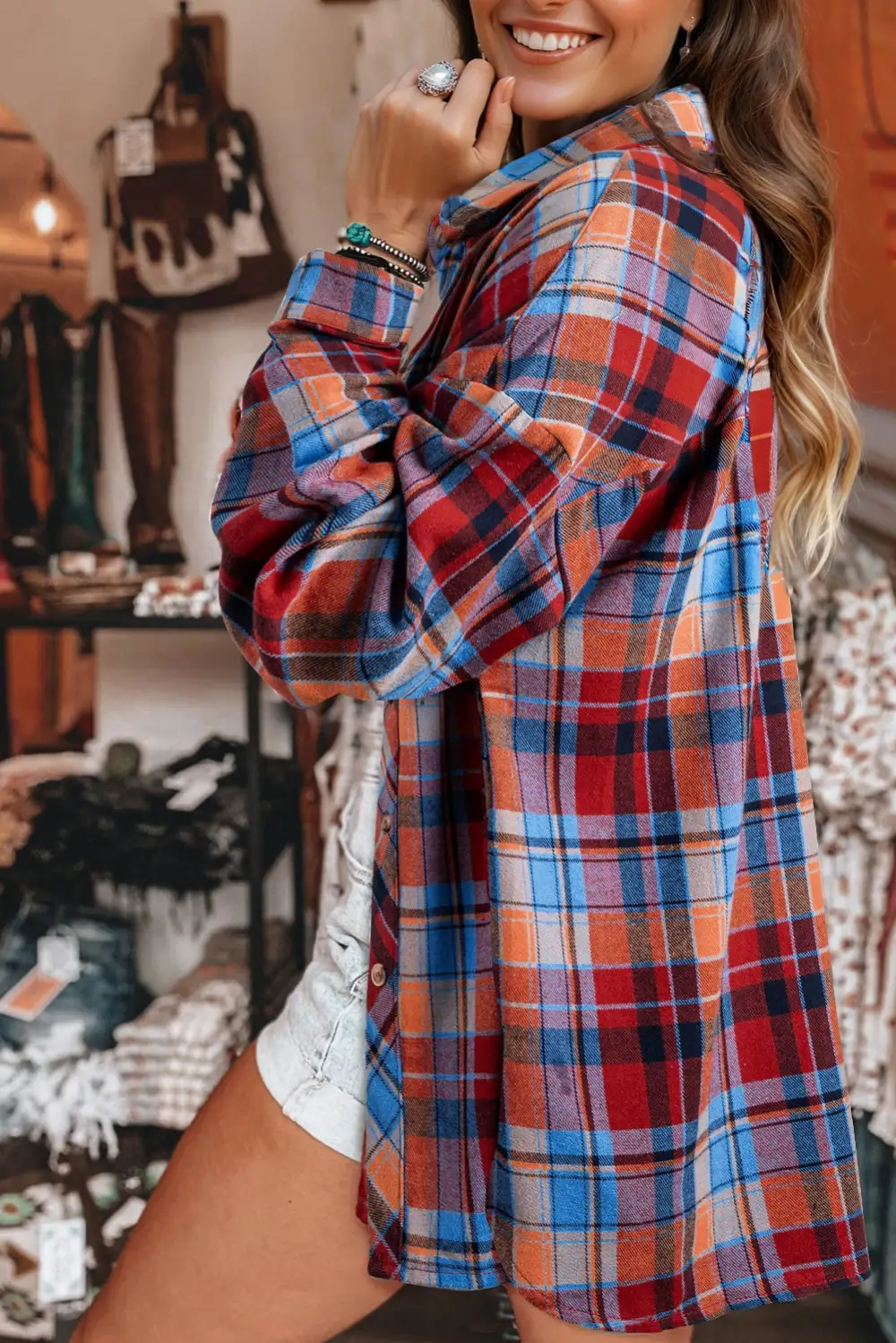 Plaid Relaxed Fit Western Inspired Shirt Blouse