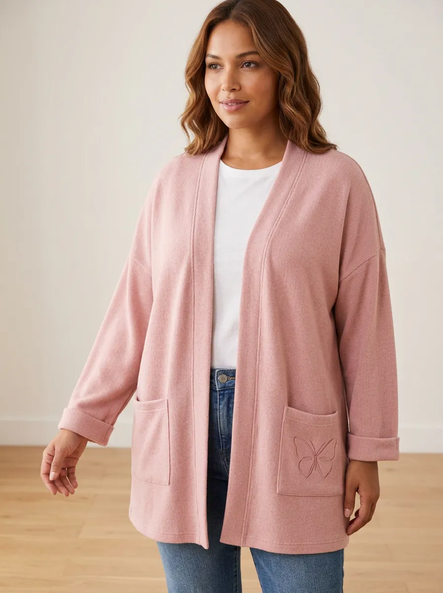 Women's Butterfly Lover Pink Embroidered Printed Casual Cardigan