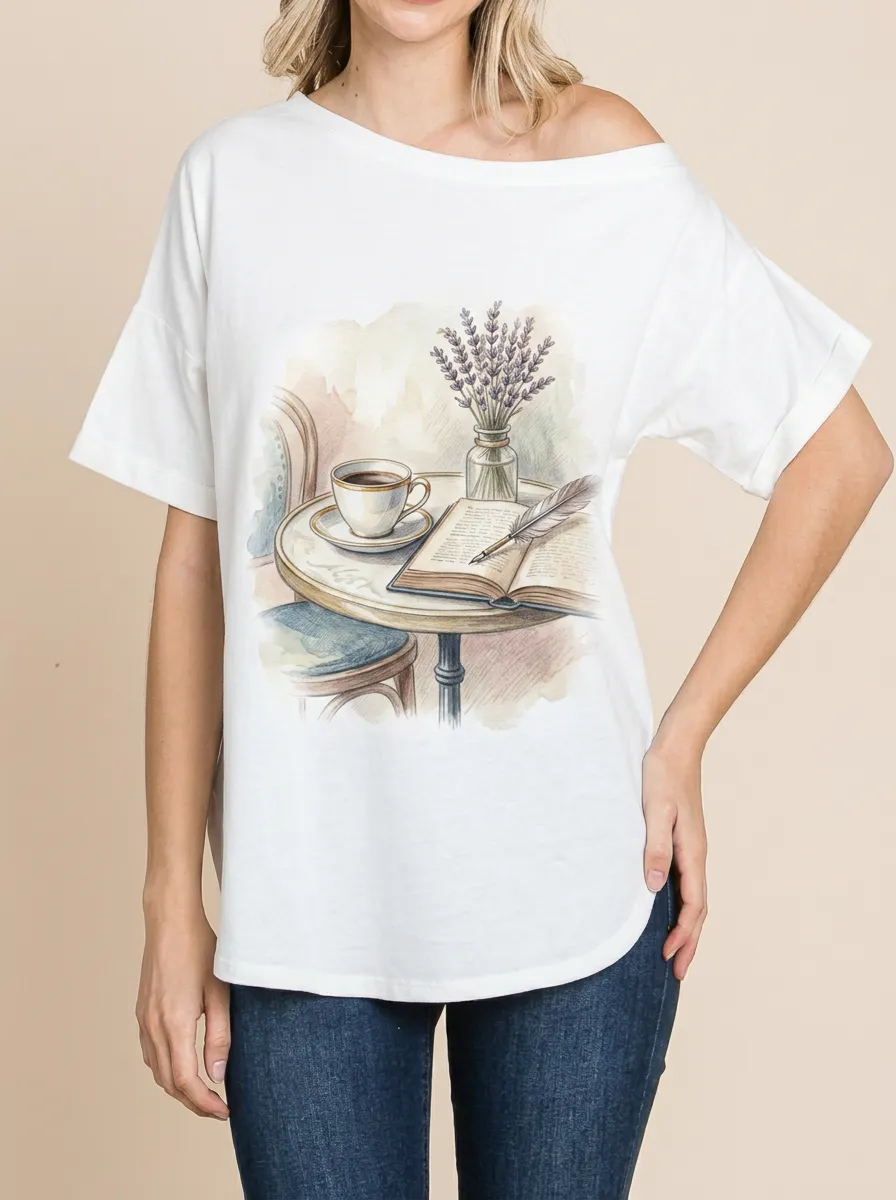 Women's Coffee Book Lavender Watercolor Printed T-shirt