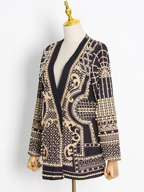 Long Sleeve Relaxed Beaded Printed V-Neck Neck Blazer