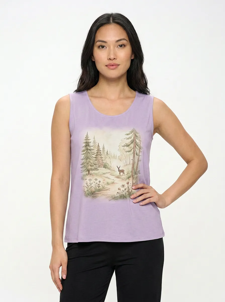Women's Nature Lover Forest Deer Landscape Printed Tank Top