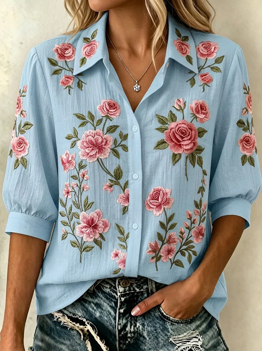 Women's Breast Cancer Awareness Pink Rose Floral Embroidered Button-up Shirt