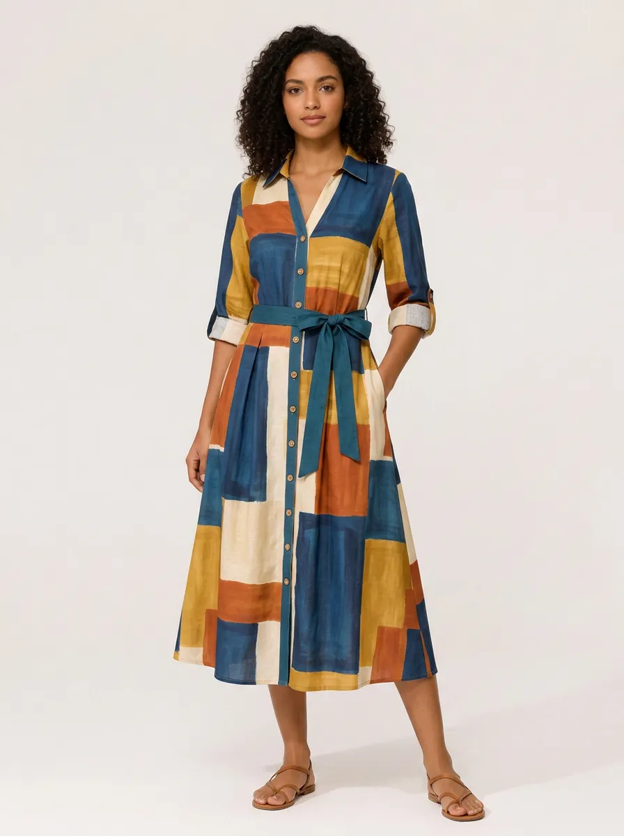 Women's Geometric Colorblock Abstract Printed Shirt Dress