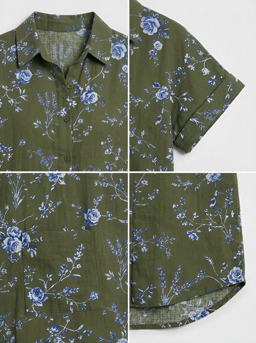 Women's Summer Vacation Blue Floral Olive Green Printed Shirt Dress