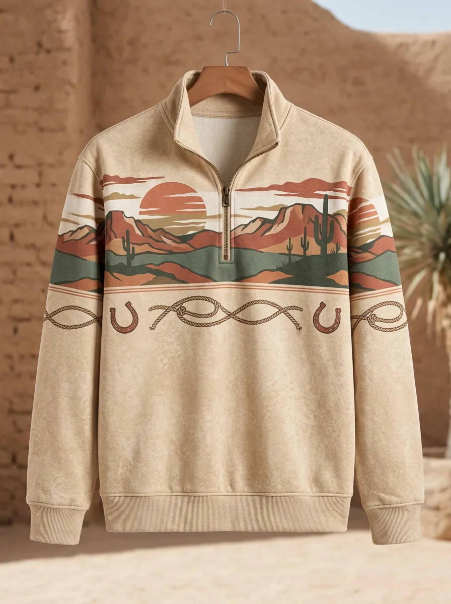 Men's Western Horseshoe Horse Cactus Desert Quarter-Zip Sweatshirt
