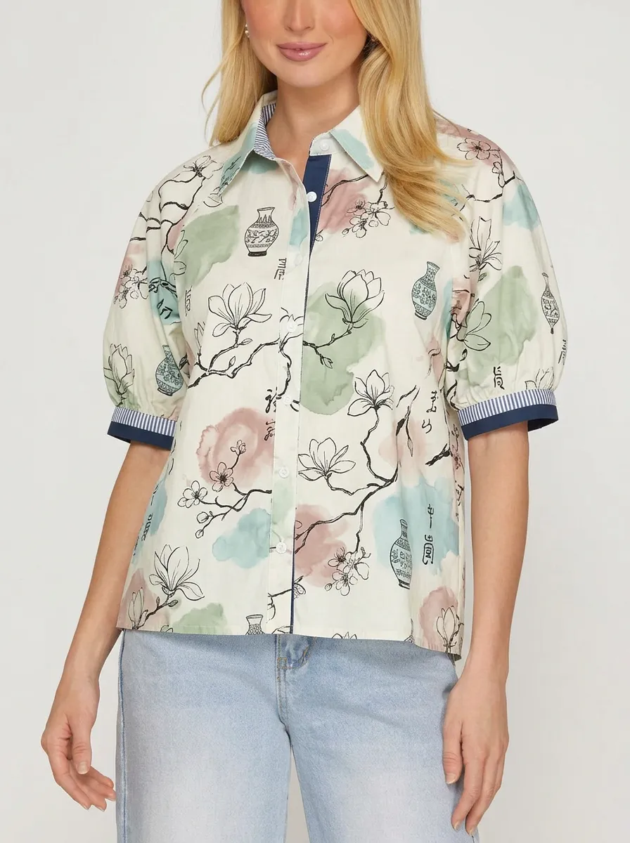 Women's Oriental Vase Floral Ink Wash Printed Blouse