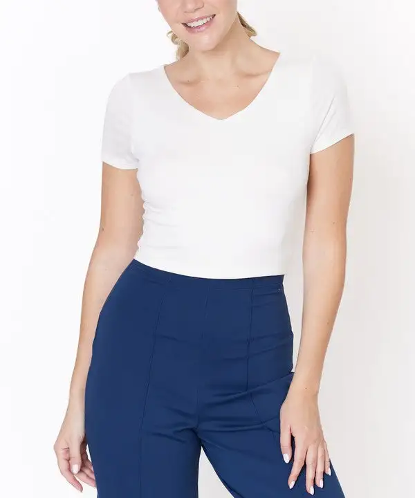 Bamboo Double Front V Neck Crop Tee