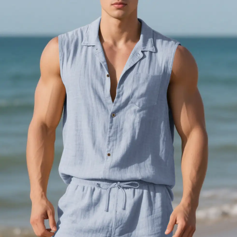 Men's Sleeveless Linen Shirt With Lapel Collar Chest Pocket And Continuous Button Placket