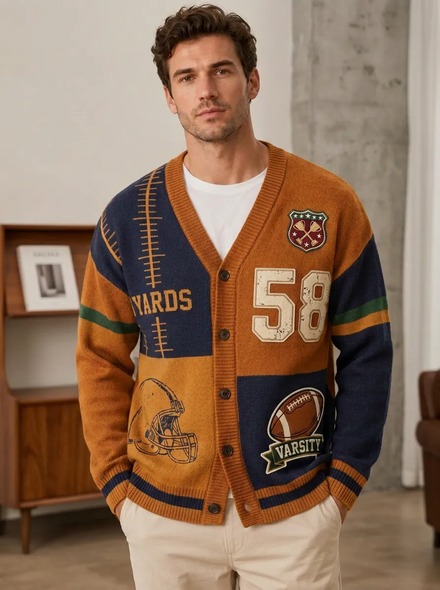 Men's Football Varsity Helmet Knit Knit Cardigan