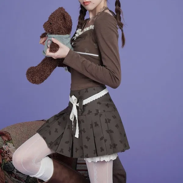 Pleated Bear Motif Skirt