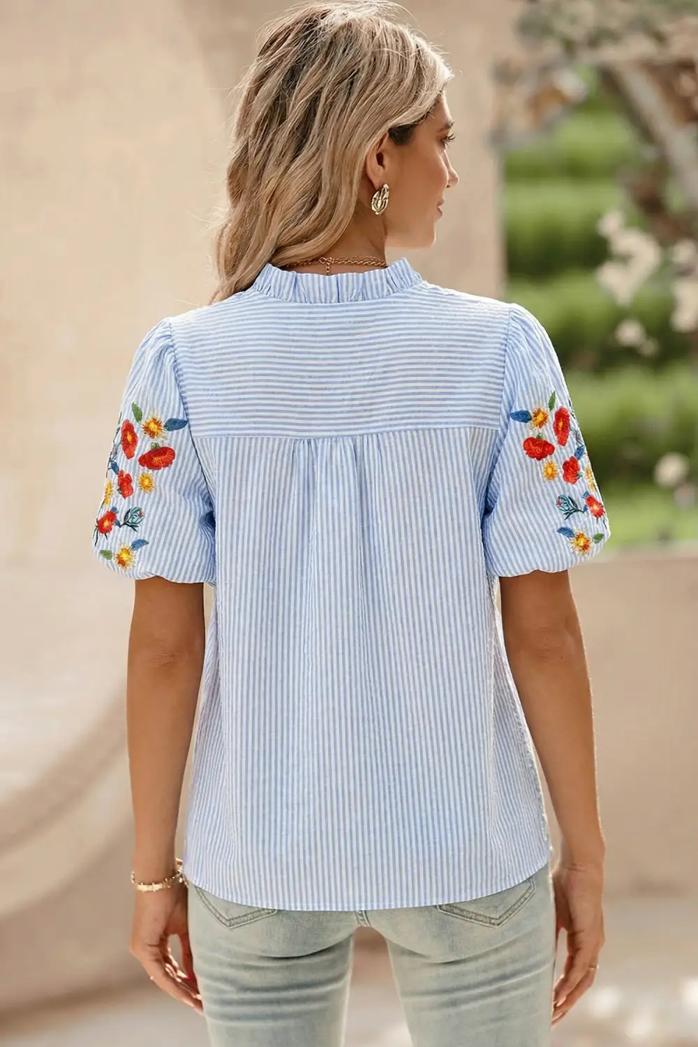 Striped Floral Embroidered Shirt Blouse