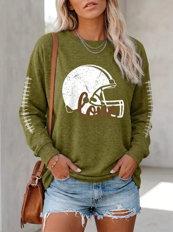 Women's Classic Gridiron Helmet Ball Love Crewneck Long Sleeve T-Shirt