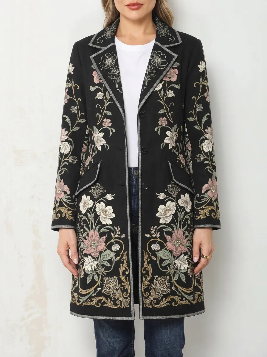 Women's Contrast Piping Vintage Floral Embroidery Long Coat