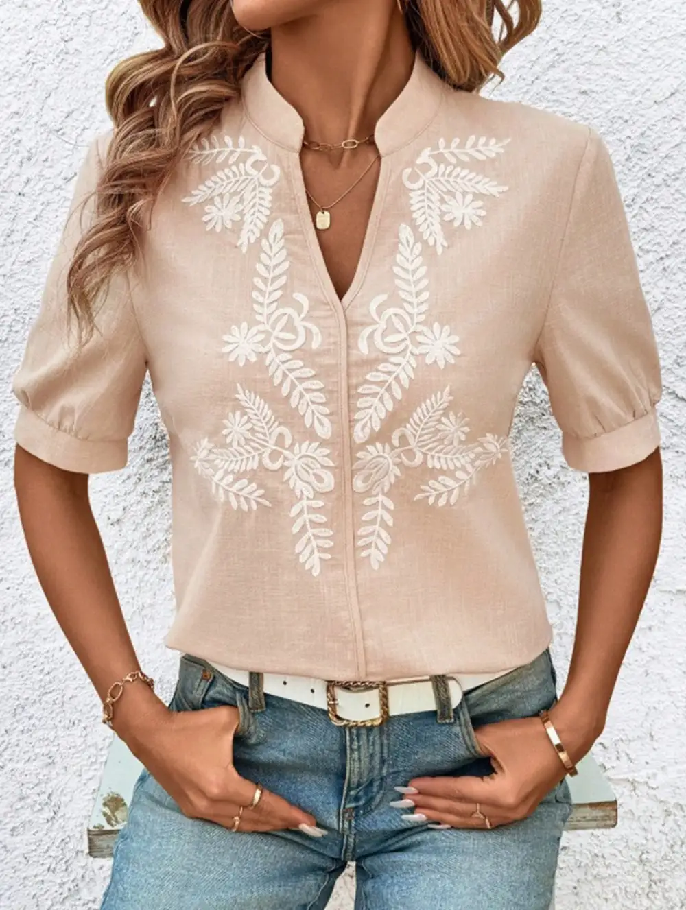 V Neck Embroidered Cotton Short Sleeve Blouse