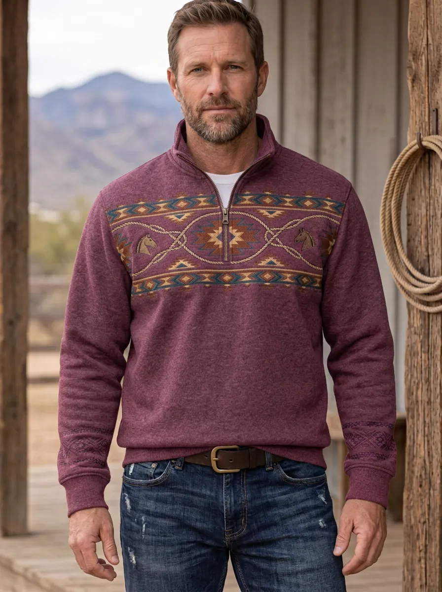 Men's Western Cowboy Horse Southwestern Geometric Half-Zip Sweatshirt